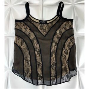 Etcetera Sz 2 Black 100% Silk Lace Chiffon Overlay Tank Top Cami Blouse